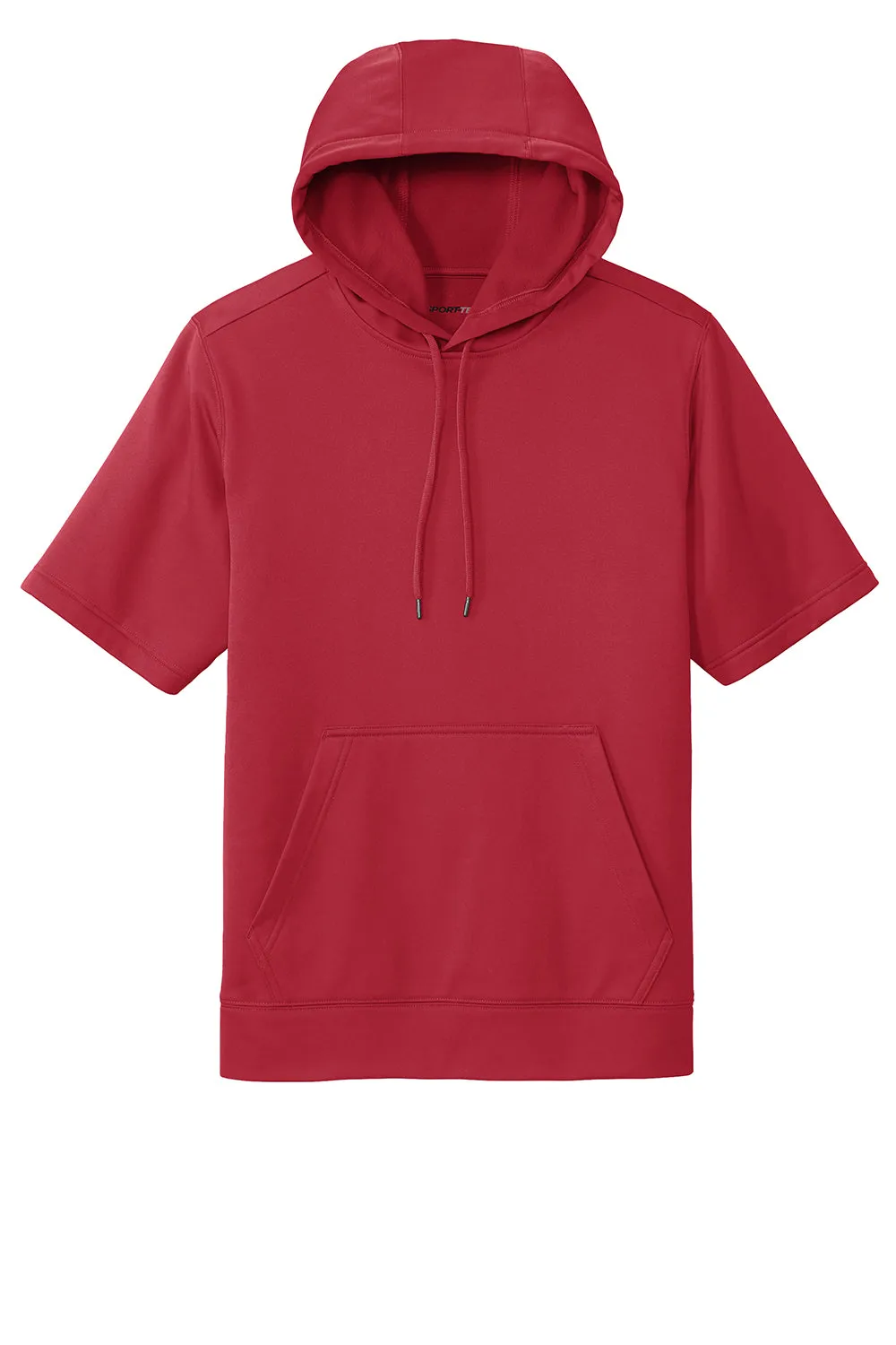Sport-Tek Mens Moisture Wicking Fleece Short Sleeve Hooded Sweatshirt Hoodie w/ Pouch Pocket - Deep Red