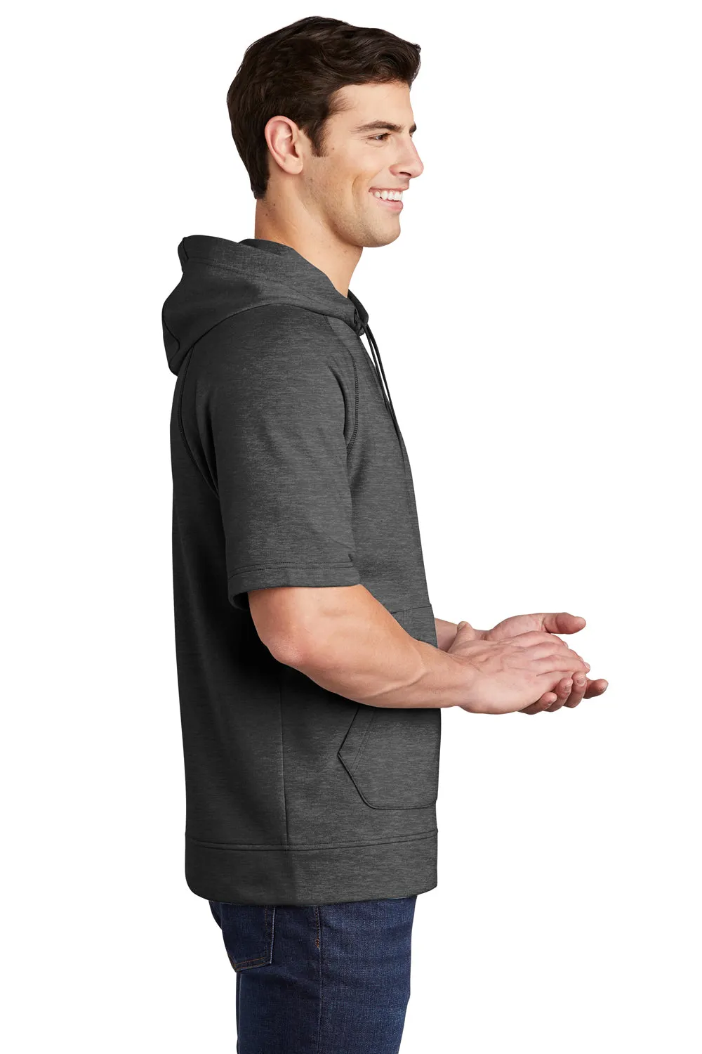 Sport-Tek Mens Moisture Wicking Fleece Short Sleeve Hooded Sweatshirt Hoodie w/ Pouch Pocket - Heather Dark Grey - Closeout