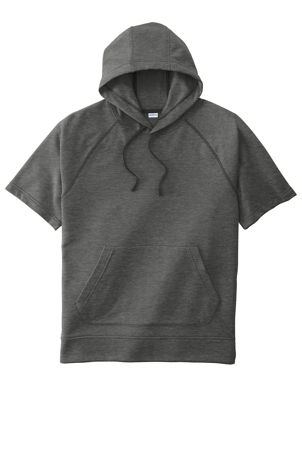 Sport-Tek Mens Moisture Wicking Fleece Short Sleeve Hooded Sweatshirt Hoodie w/ Pouch Pocket - Heather Dark Grey - Closeout