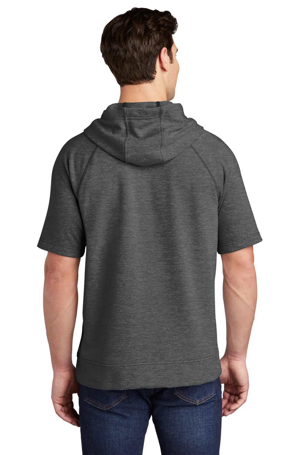 Sport-Tek Mens Moisture Wicking Fleece Short Sleeve Hooded Sweatshirt Hoodie w/ Pouch Pocket - Heather Dark Grey - Closeout
