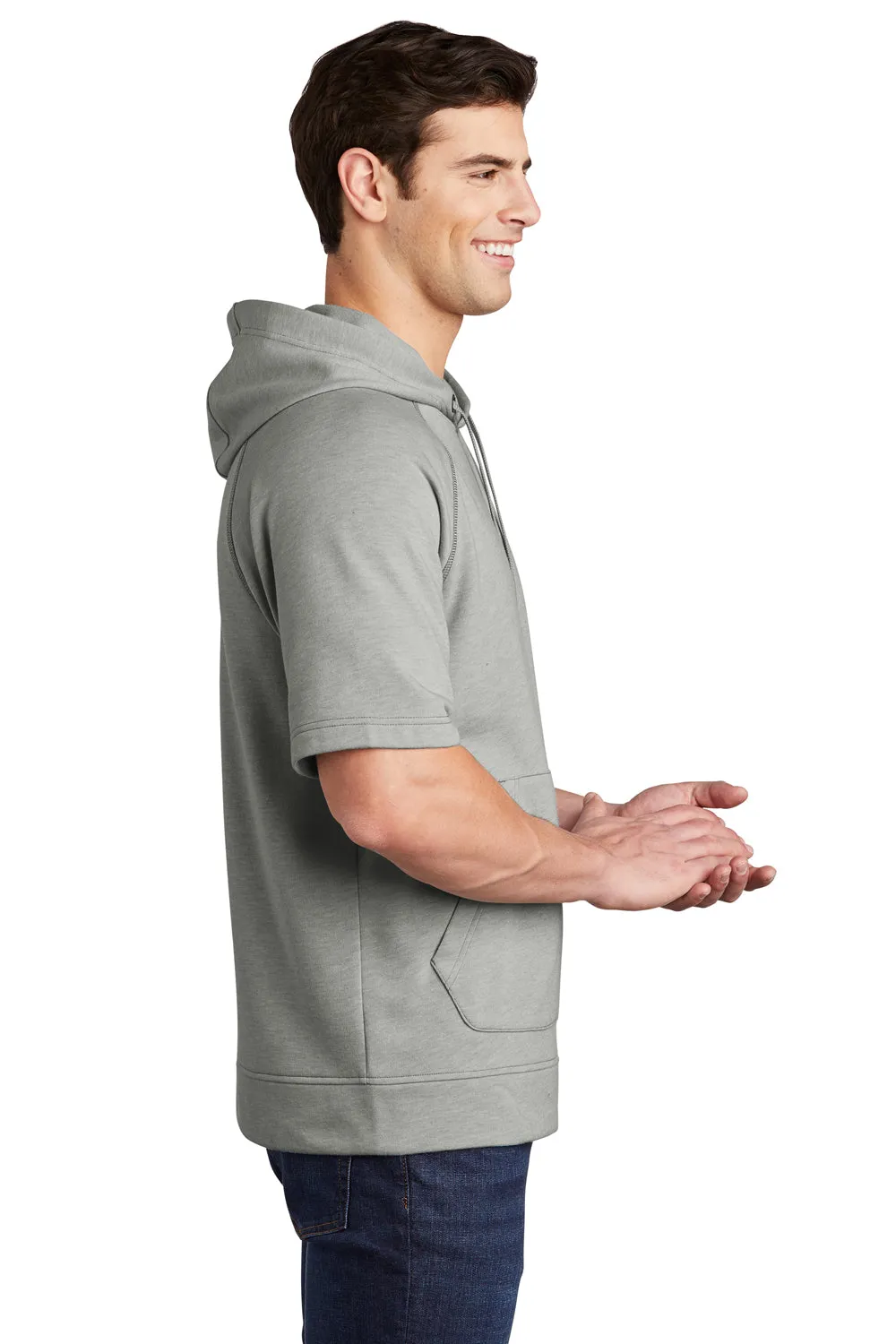 Sport-Tek Mens Moisture Wicking Fleece Short Sleeve Hooded Sweatshirt Hoodie w/ Pouch Pocket - Heather Light Grey - Closeout
