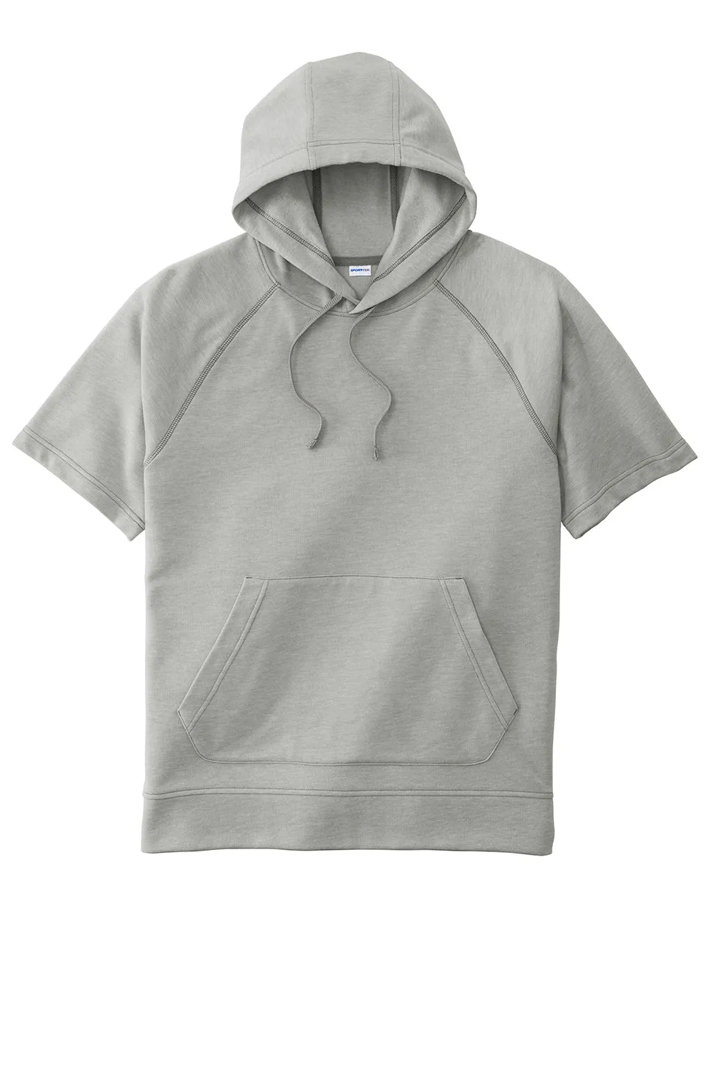 Sport-Tek Mens Moisture Wicking Fleece Short Sleeve Hooded Sweatshirt Hoodie w/ Pouch Pocket - Heather Light Grey - Closeout