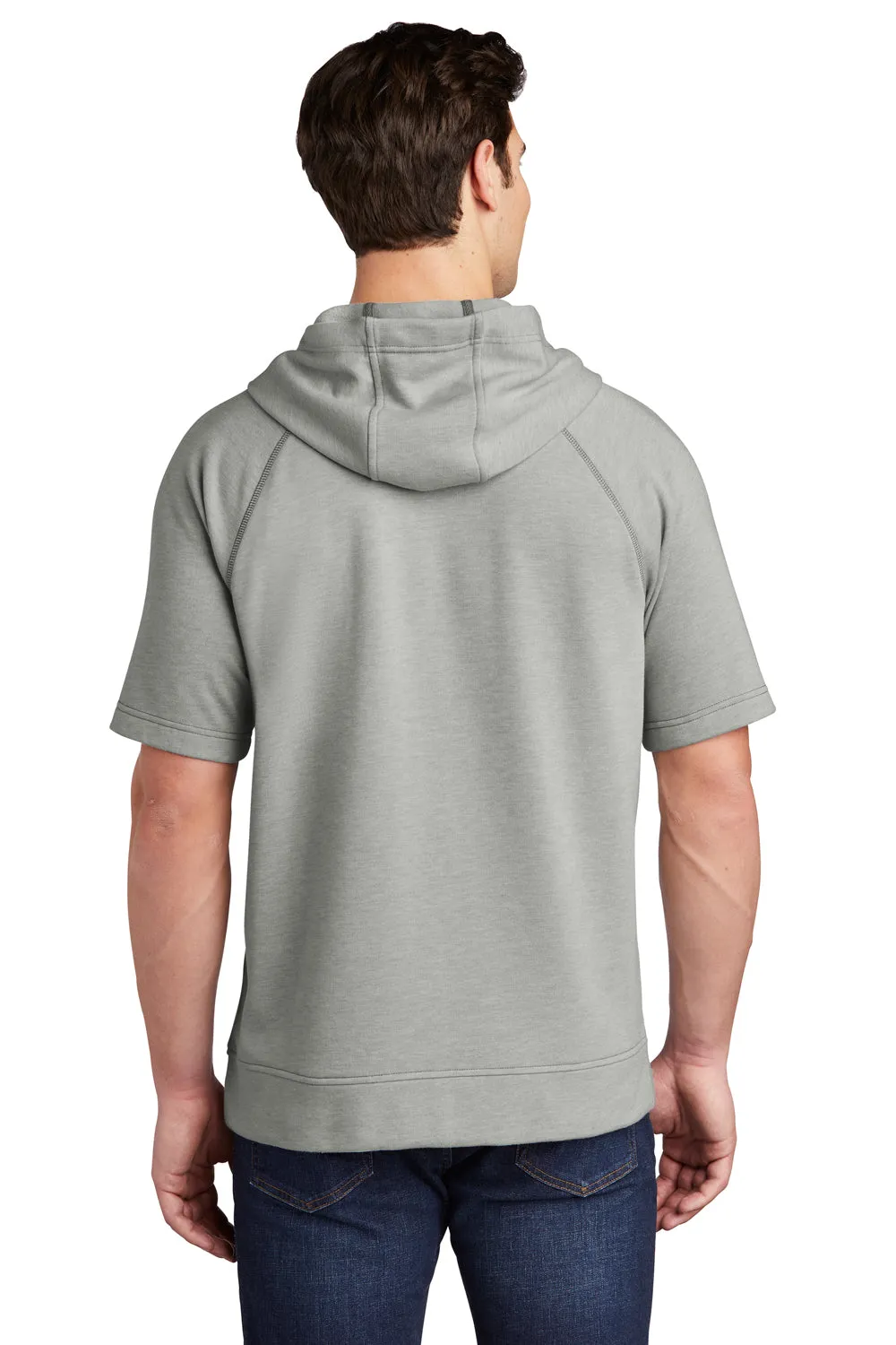 Sport-Tek Mens Moisture Wicking Fleece Short Sleeve Hooded Sweatshirt Hoodie w/ Pouch Pocket - Heather Light Grey - Closeout