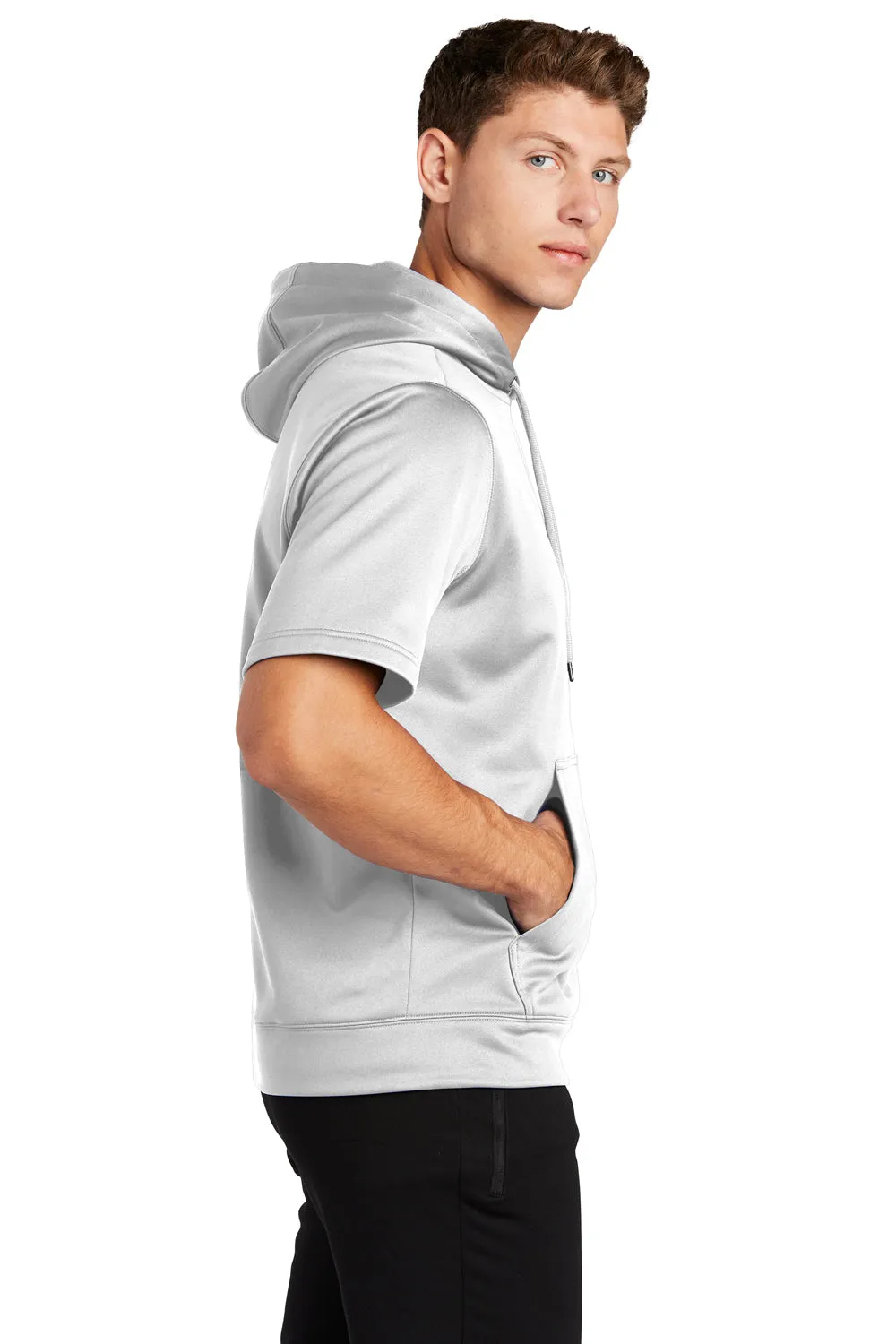 Sport-Tek Mens Moisture Wicking Fleece Short Sleeve Hooded Sweatshirt Hoodie w/ Pouch Pocket - White