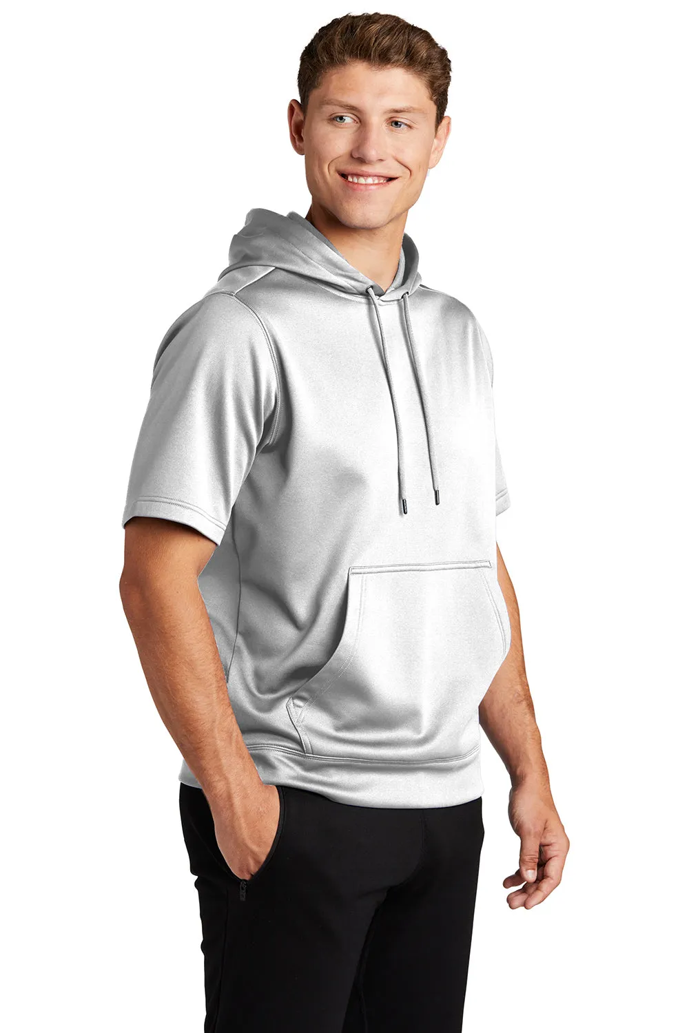 Sport-Tek Mens Moisture Wicking Fleece Short Sleeve Hooded Sweatshirt Hoodie w/ Pouch Pocket - White