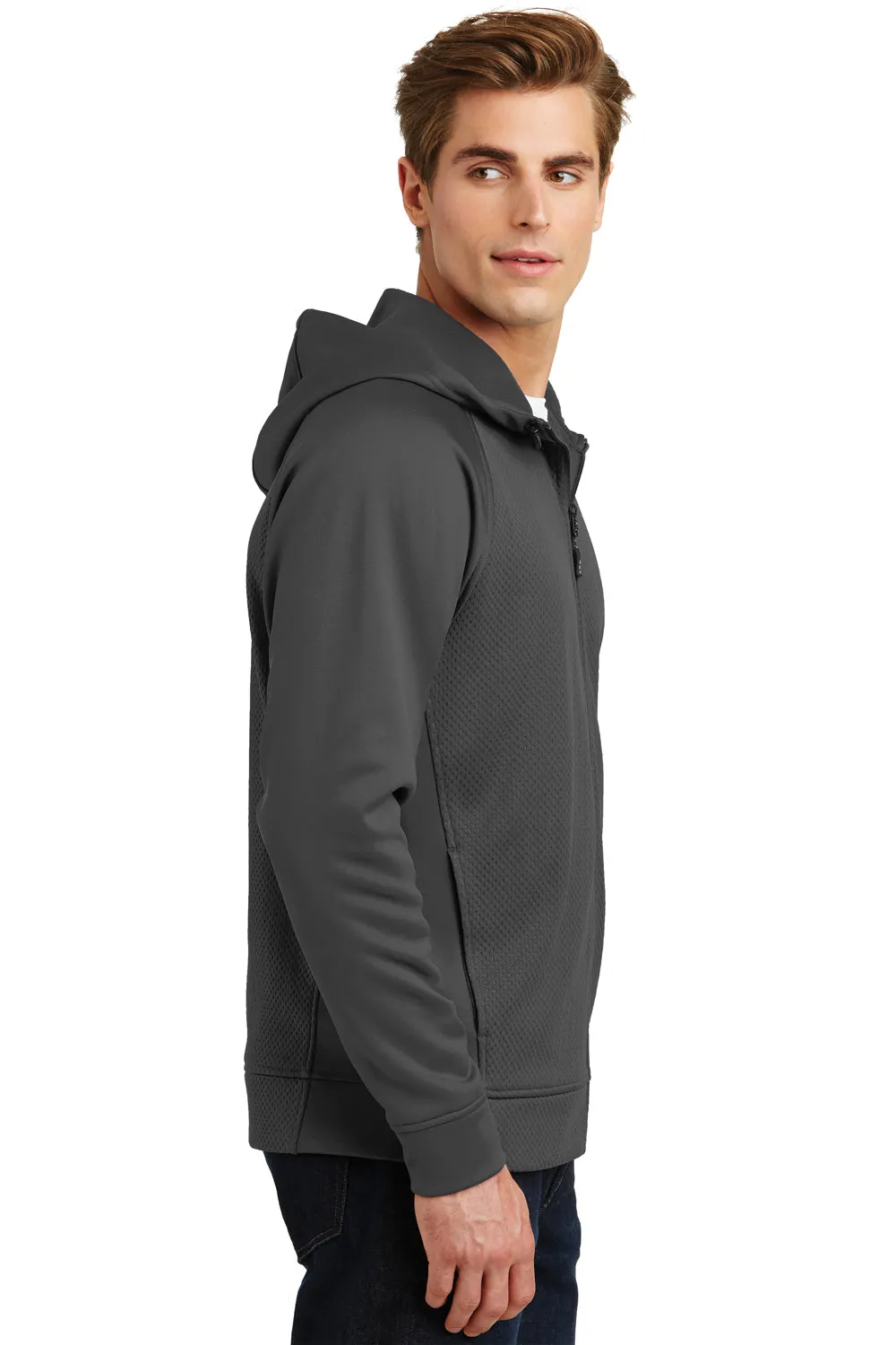 Sport-Tek Mens Rival Tech Moisture Wicking Fleece Full Zip Hooded Sweatshirt Hoodie w/ Pockets - Iron Grey - Closeout