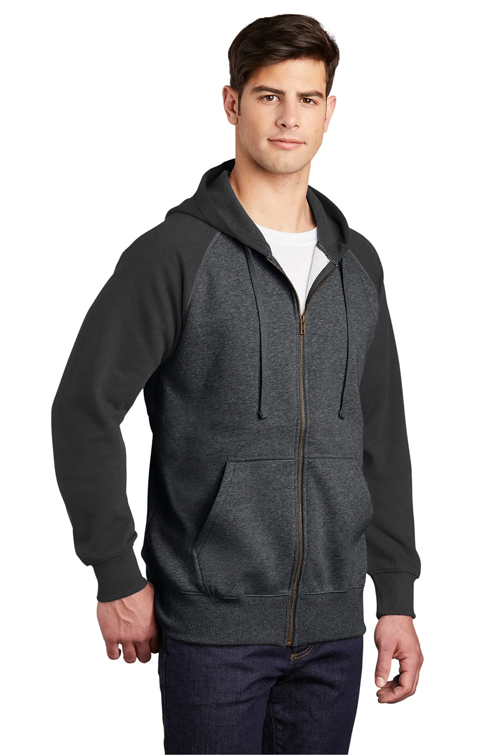 Sport-Tek Mens Shrink Resistant Fleece Full Zip Hooded Sweatshirt Hoodie w/ Pockets - Heather Graphite Grey/Black - Closeout