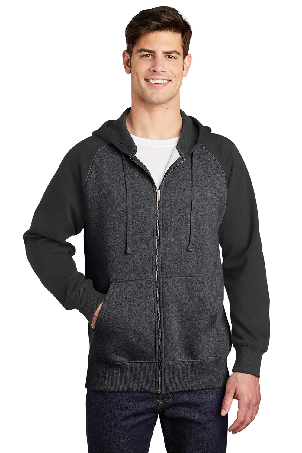 Sport-Tek Mens Shrink Resistant Fleece Full Zip Hooded Sweatshirt Hoodie w/ Pockets - Heather Graphite Grey/Black - Closeout