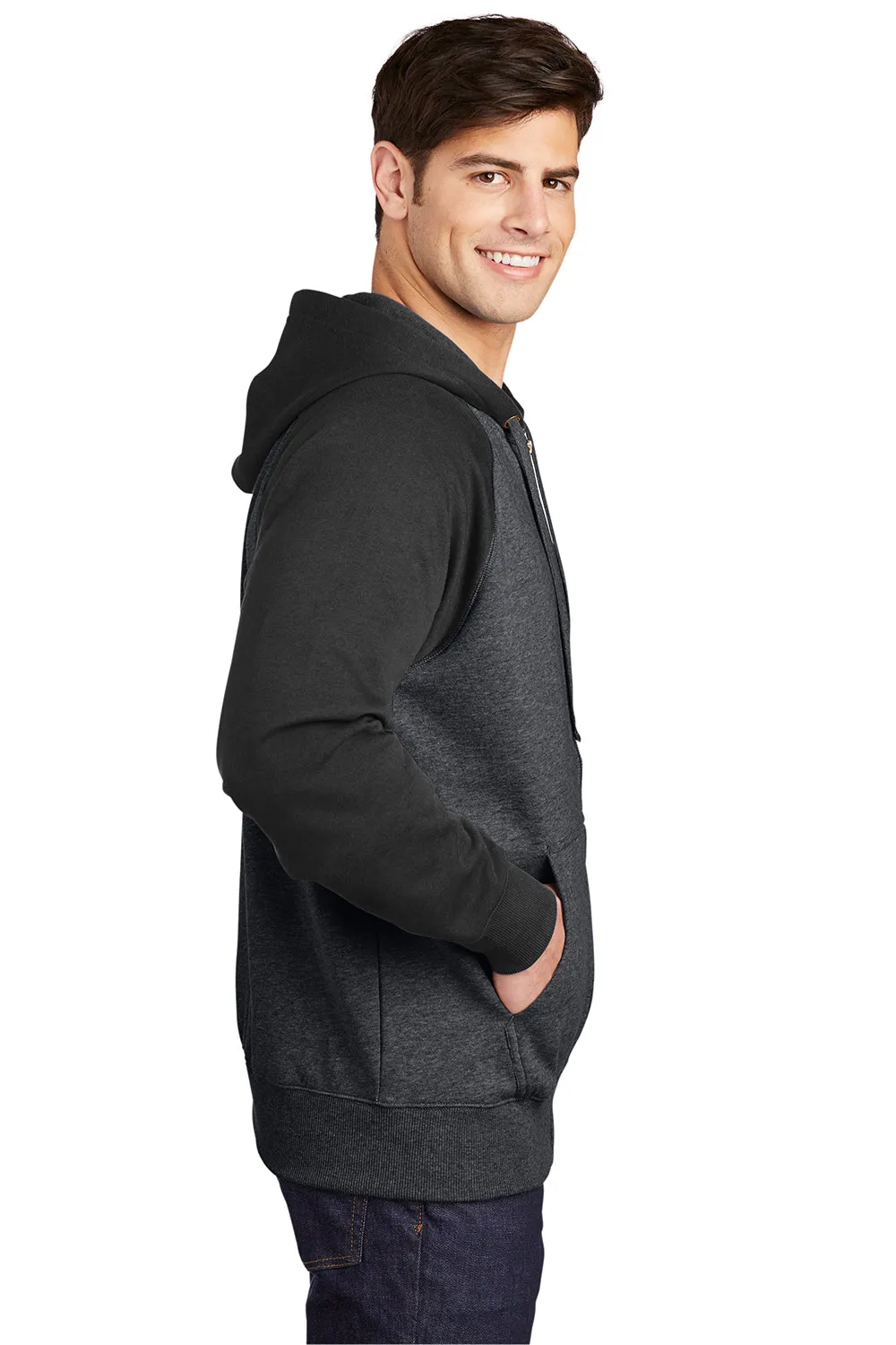 Sport-Tek Mens Shrink Resistant Fleece Full Zip Hooded Sweatshirt Hoodie w/ Pockets - Heather Graphite Grey/Black - Closeout