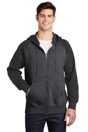 Sport-Tek Mens Shrink Resistant Fleece Full Zip Hooded Sweatshirt Hoodie w/ Pockets - Heather Graphite Grey/Black - Closeout