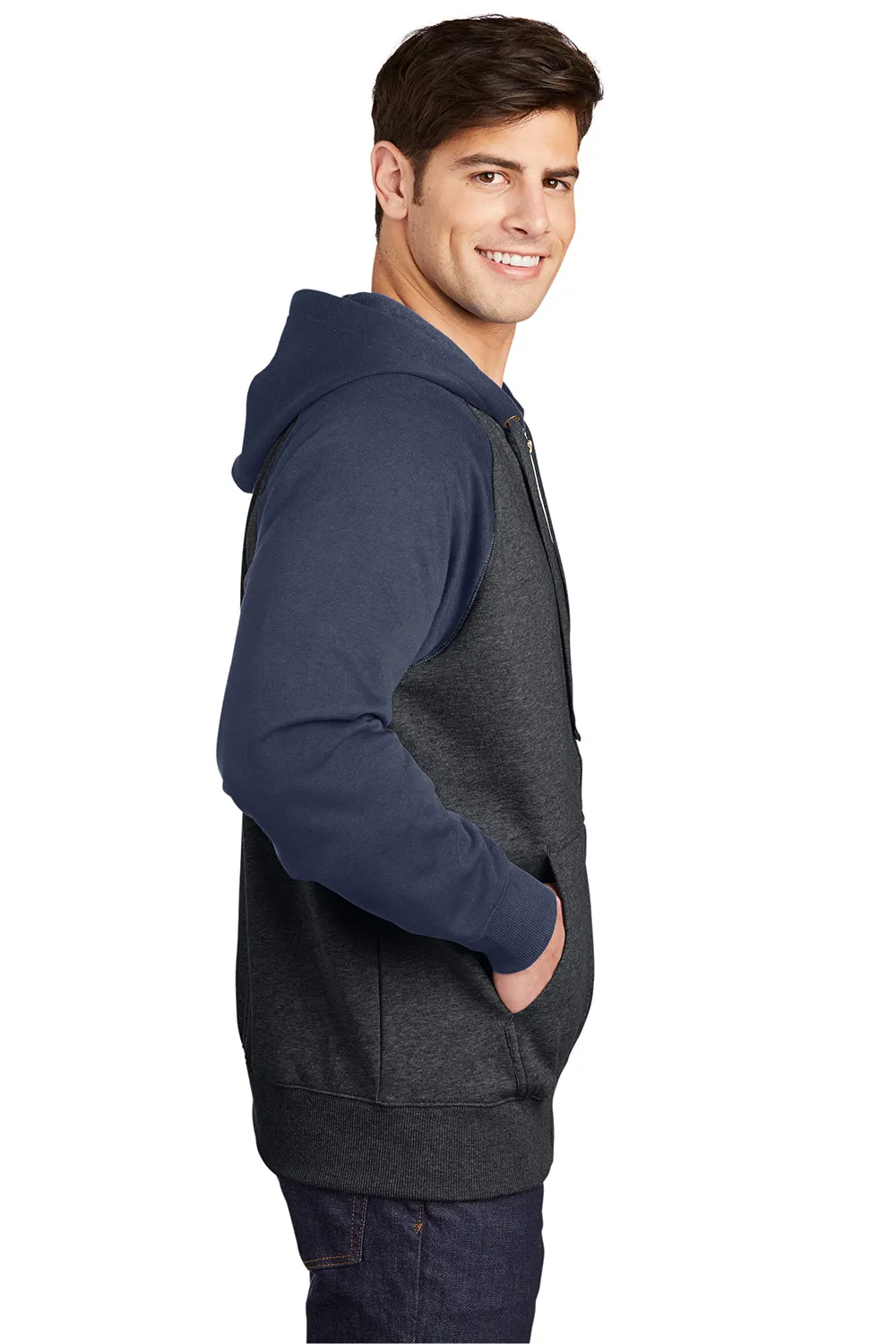 Sport-Tek Mens Shrink Resistant Fleece Full Zip Hooded Sweatshirt Hoodie w/ Pockets - Heather Graphite Grey/True Navy Blue - Closeout