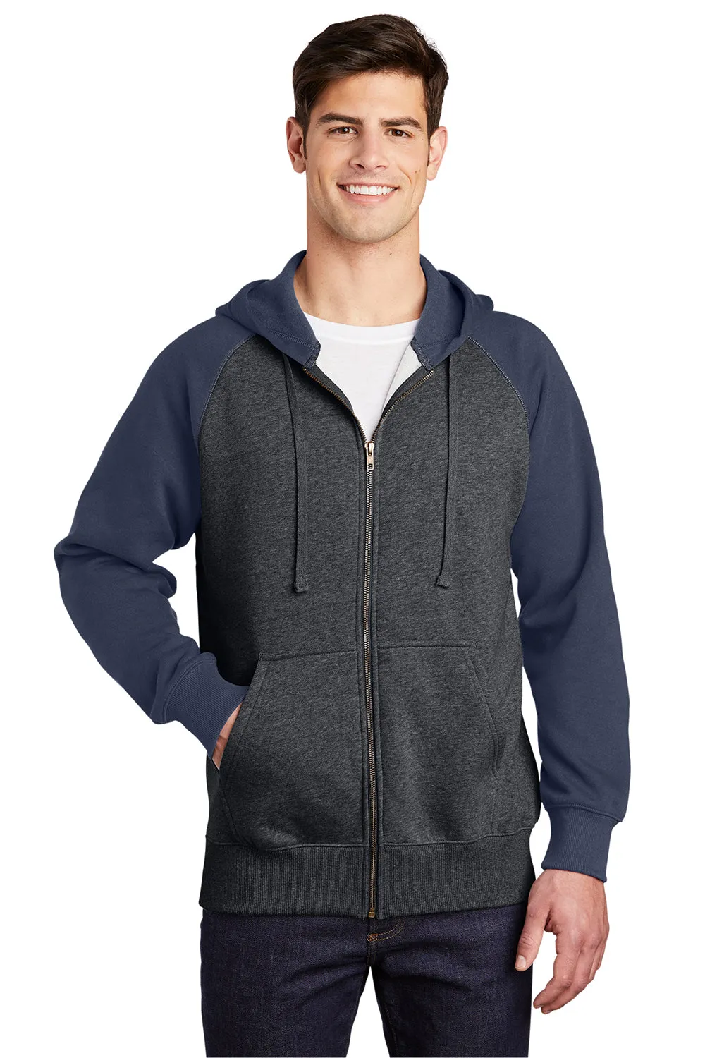 Sport-Tek Mens Shrink Resistant Fleece Full Zip Hooded Sweatshirt Hoodie w/ Pockets - Heather Graphite Grey/True Navy Blue - Closeout