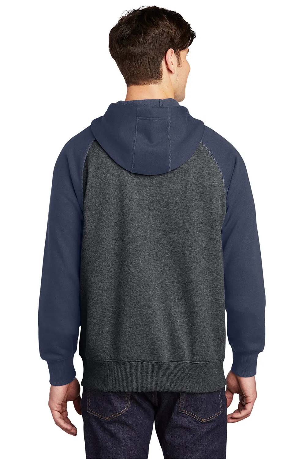 Sport-Tek Mens Shrink Resistant Fleece Full Zip Hooded Sweatshirt Hoodie w/ Pockets - Heather Graphite Grey/True Navy Blue - Closeout