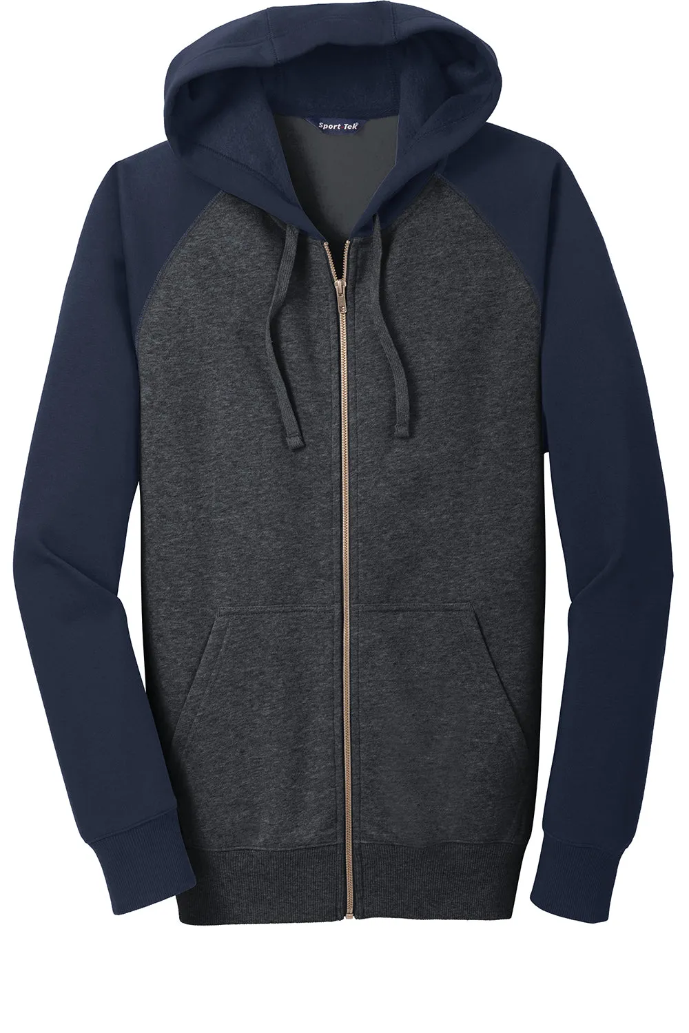 Sport-Tek Mens Shrink Resistant Fleece Full Zip Hooded Sweatshirt Hoodie w/ Pockets - Heather Graphite Grey/True Navy Blue - Closeout