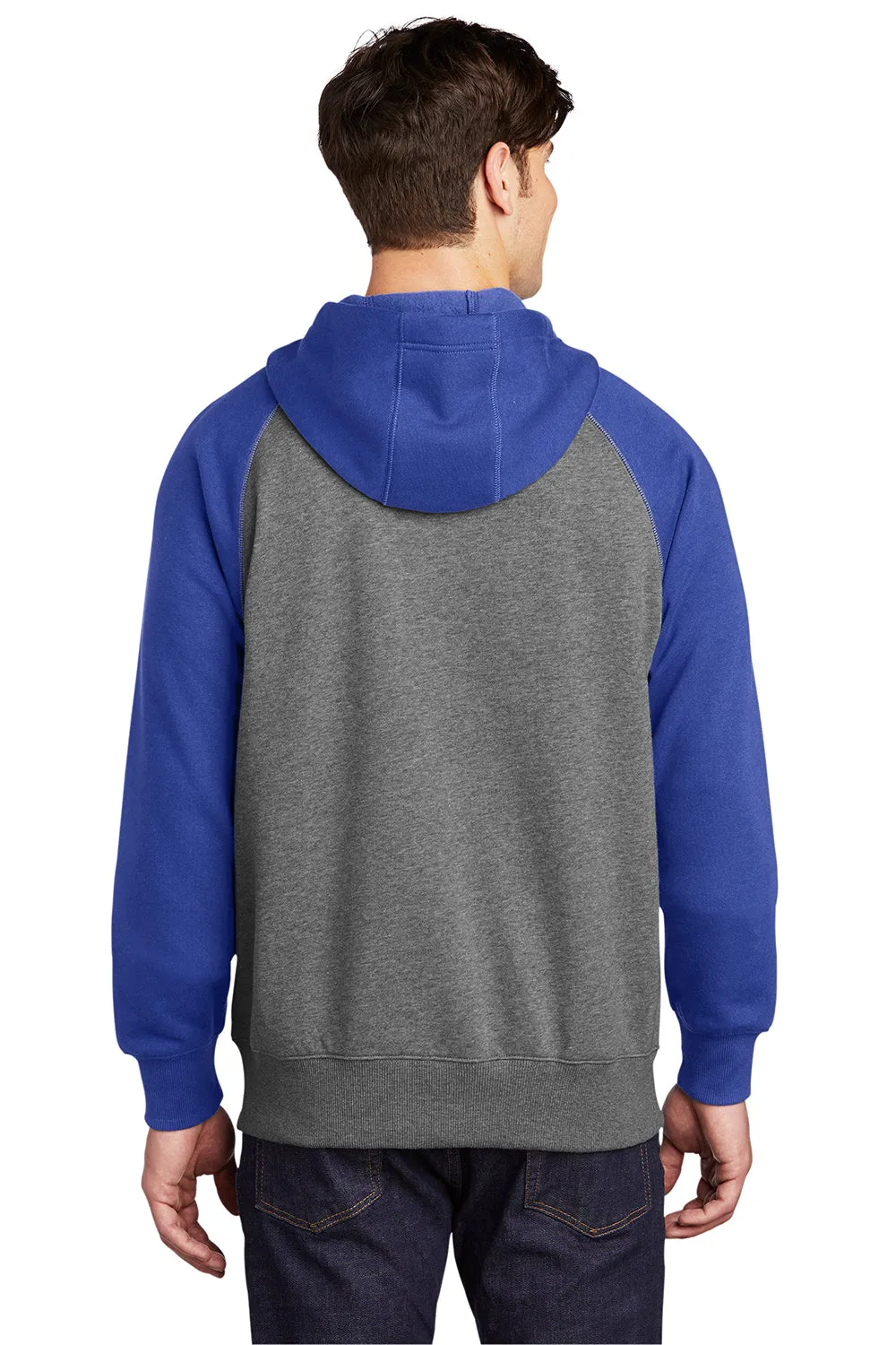 Sport-Tek Mens Shrink Resistant Fleece Full Zip Hooded Sweatshirt Hoodie w/ Pockets - Heather Vintage Grey/True Royal Blue - Closeout
