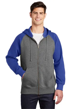 Sport-Tek Mens Shrink Resistant Fleece Full Zip Hooded Sweatshirt Hoodie w/ Pockets - Heather Vintage Grey/True Royal Blue - Closeout