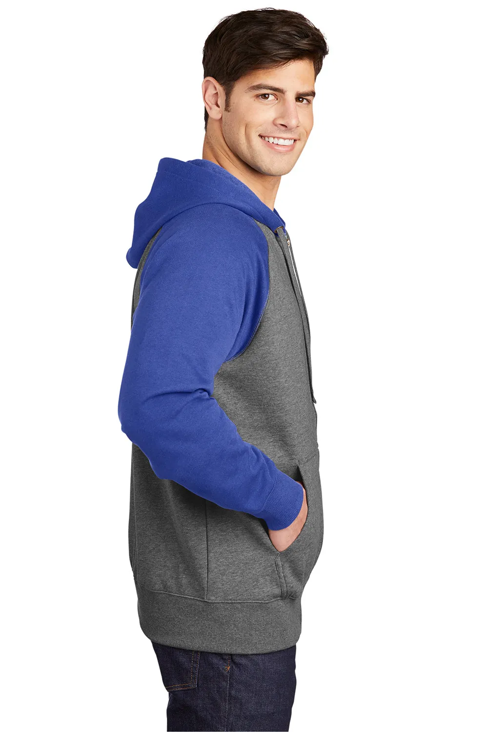 Sport-Tek Mens Shrink Resistant Fleece Full Zip Hooded Sweatshirt Hoodie w/ Pockets - Heather Vintage Grey/True Royal Blue - Closeout