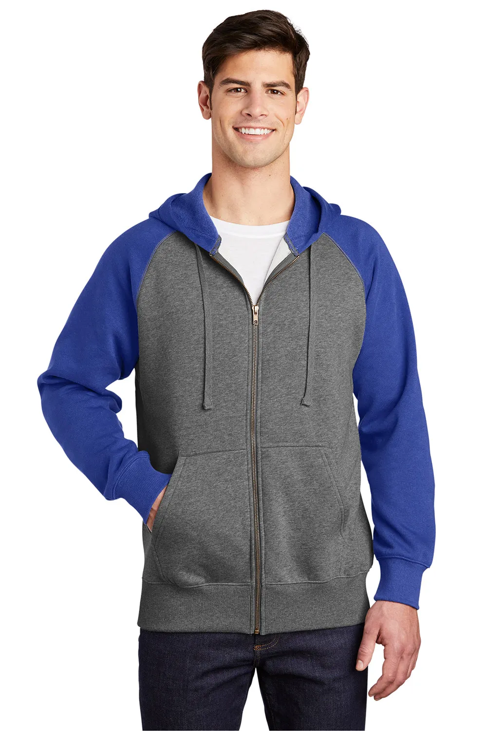 Sport-Tek Mens Shrink Resistant Fleece Full Zip Hooded Sweatshirt Hoodie w/ Pockets - Heather Vintage Grey/True Royal Blue - Closeout