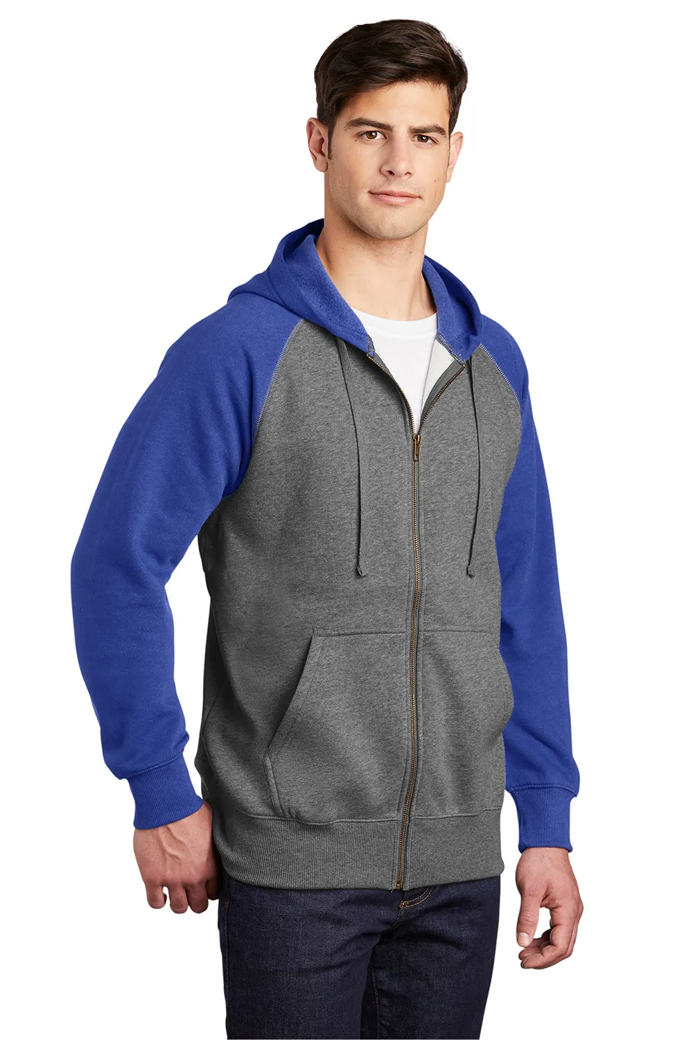 Sport-Tek Mens Shrink Resistant Fleece Full Zip Hooded Sweatshirt Hoodie w/ Pockets - Heather Vintage Grey/True Royal Blue - Closeout