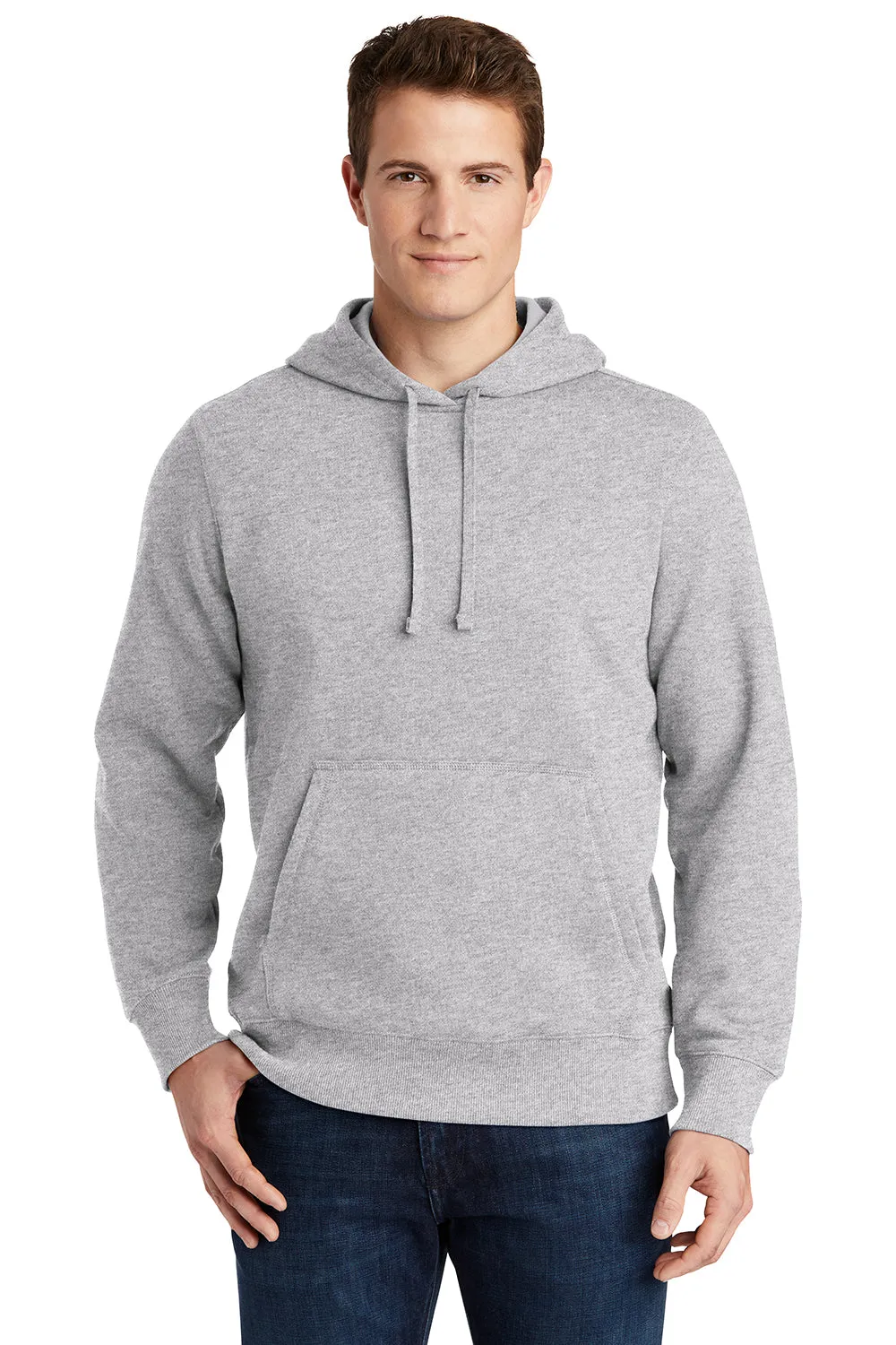 Sport-Tek Mens Shrink Resistant Fleece Hooded Sweatshirt Hoodie w/ Pouch Pocket - Heather Grey Clothing Sport-Tek