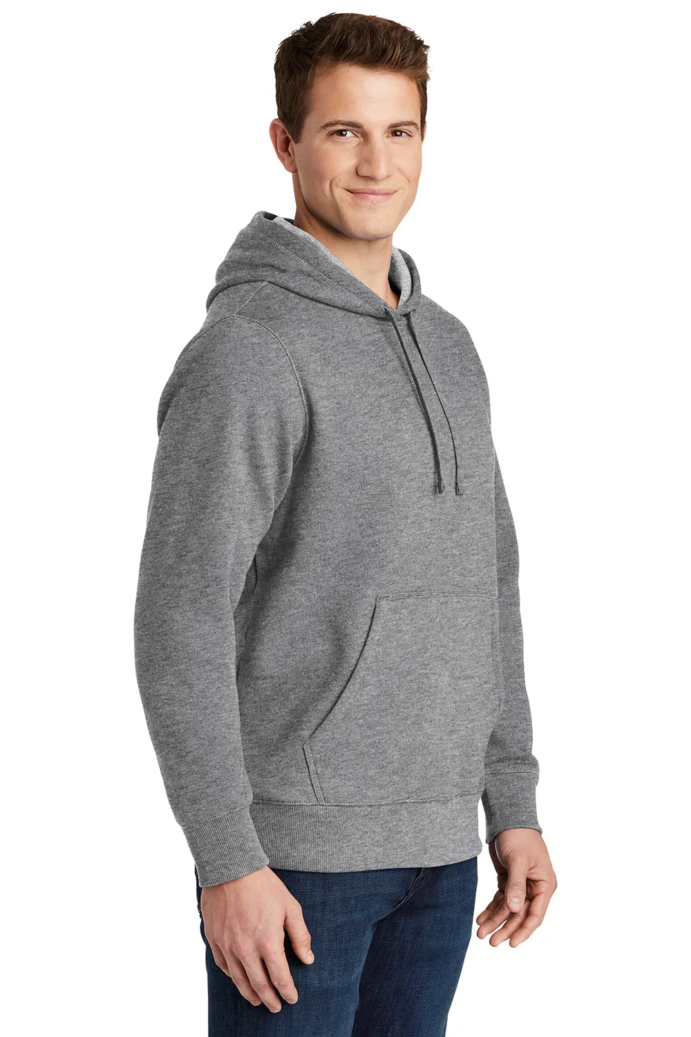 Sport-Tek Mens Shrink Resistant Fleece Hooded Sweatshirt Hoodie w/ Pouch Pocket - Heather Vintage Grey
