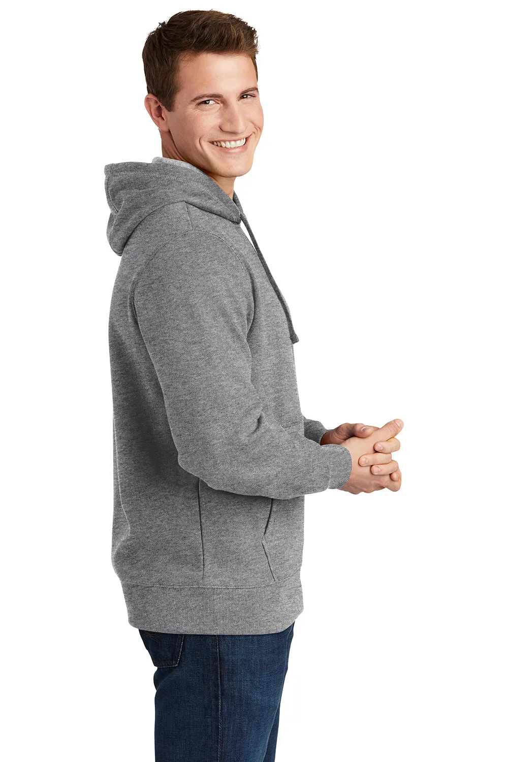 Sport-Tek Mens Shrink Resistant Fleece Hooded Sweatshirt Hoodie w/ Pouch Pocket - Heather Vintage Grey