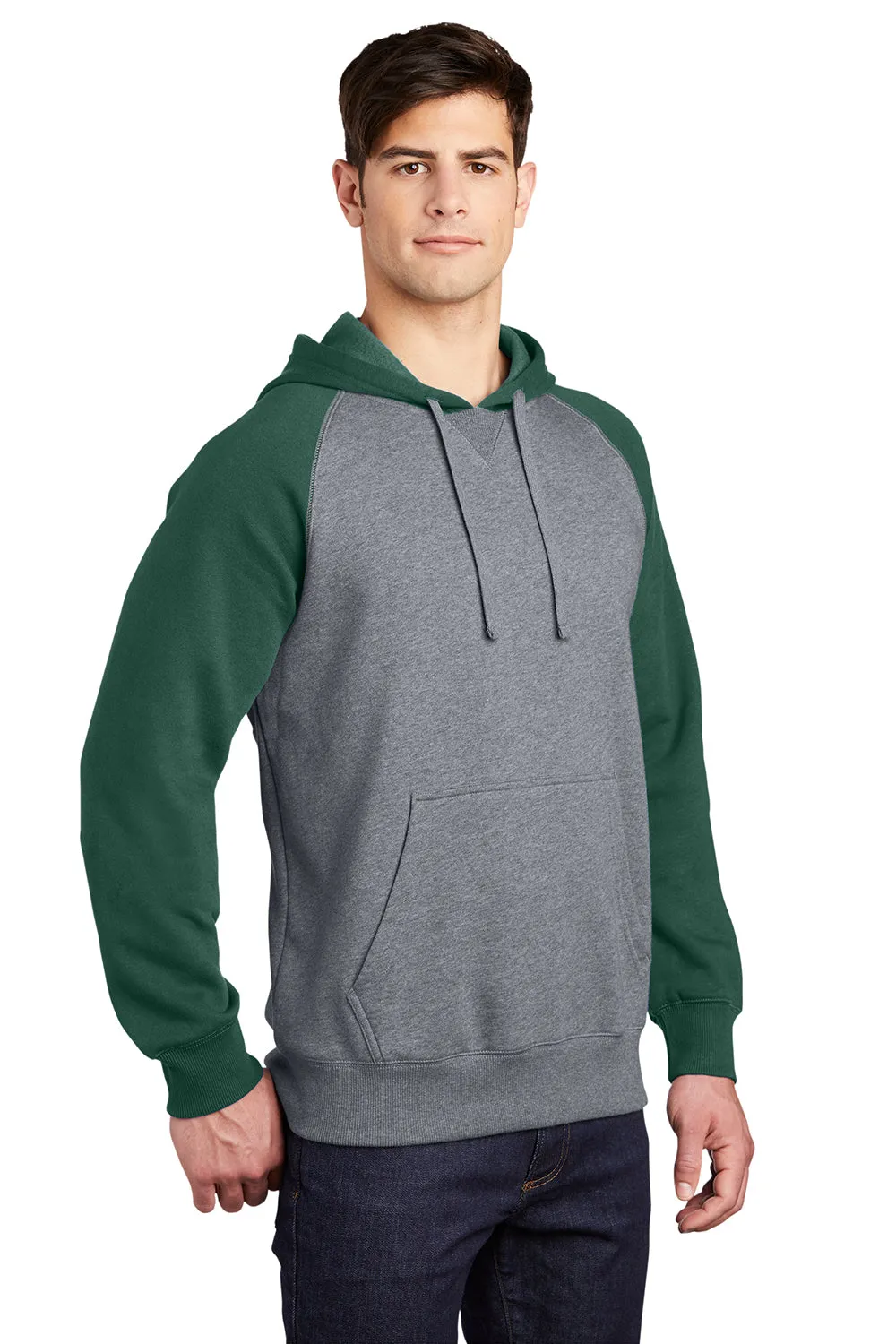 Sport-Tek Mens Shrink Resistant Fleece Hooded Sweatshirt Hoodie w/ Pouch Pocket - Heather Vintage Grey/Forest Green