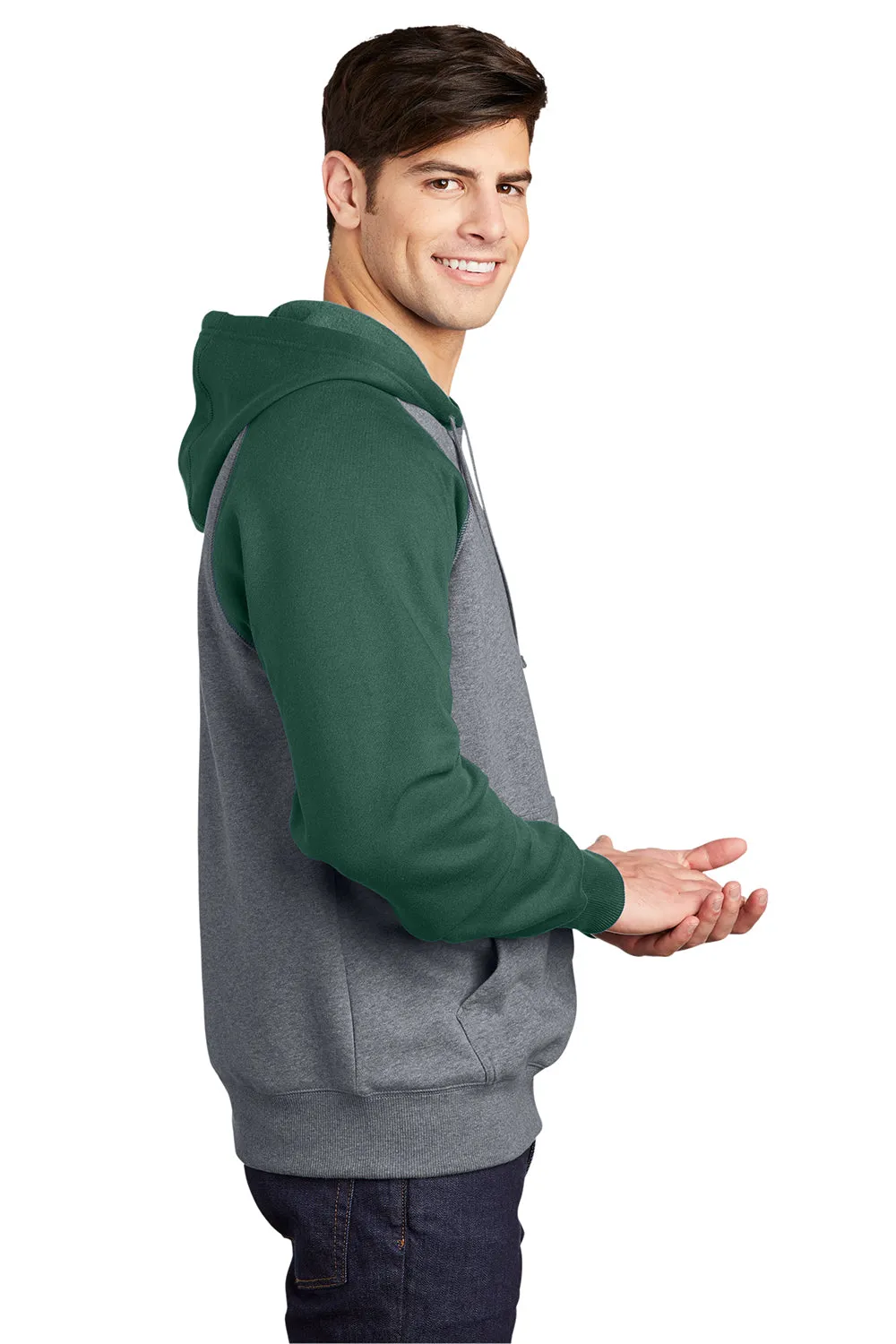 Sport-Tek Mens Shrink Resistant Fleece Hooded Sweatshirt Hoodie w/ Pouch Pocket - Heather Vintage Grey/Forest Green