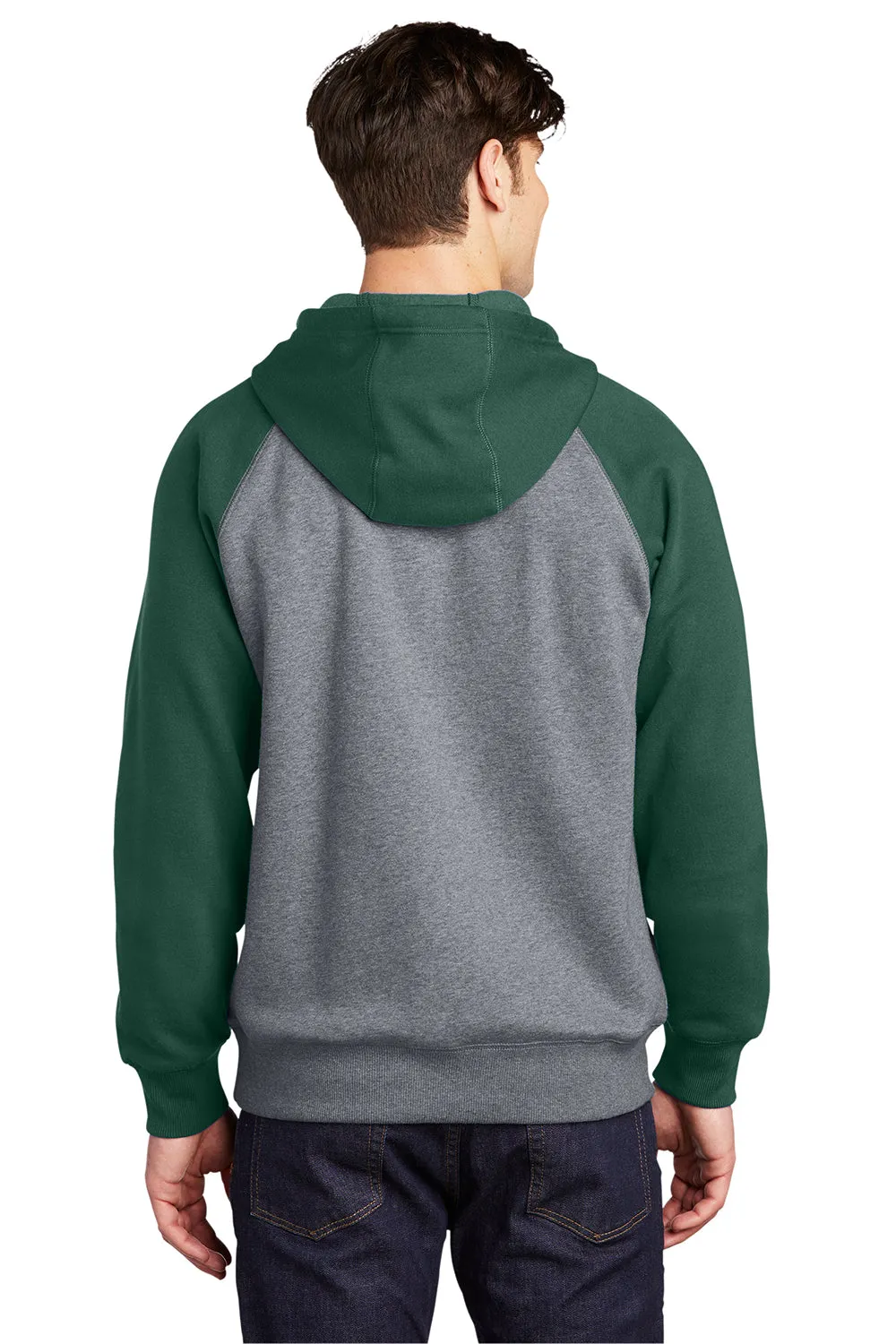Sport-Tek Mens Shrink Resistant Fleece Hooded Sweatshirt Hoodie w/ Pouch Pocket - Heather Vintage Grey/Forest Green
