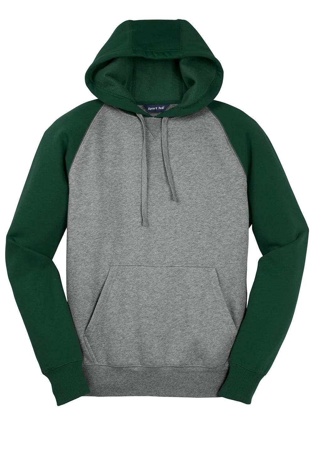 Sport-Tek Mens Shrink Resistant Fleece Hooded Sweatshirt Hoodie w/ Pouch Pocket - Heather Vintage Grey/Forest Green