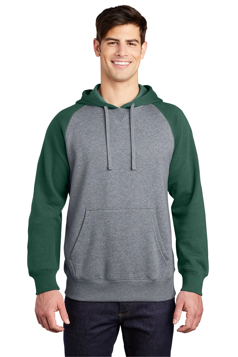 Sport-Tek Mens Shrink Resistant Fleece Hooded Sweatshirt Hoodie w/ Pouch Pocket - Heather Vintage Grey/Forest Green