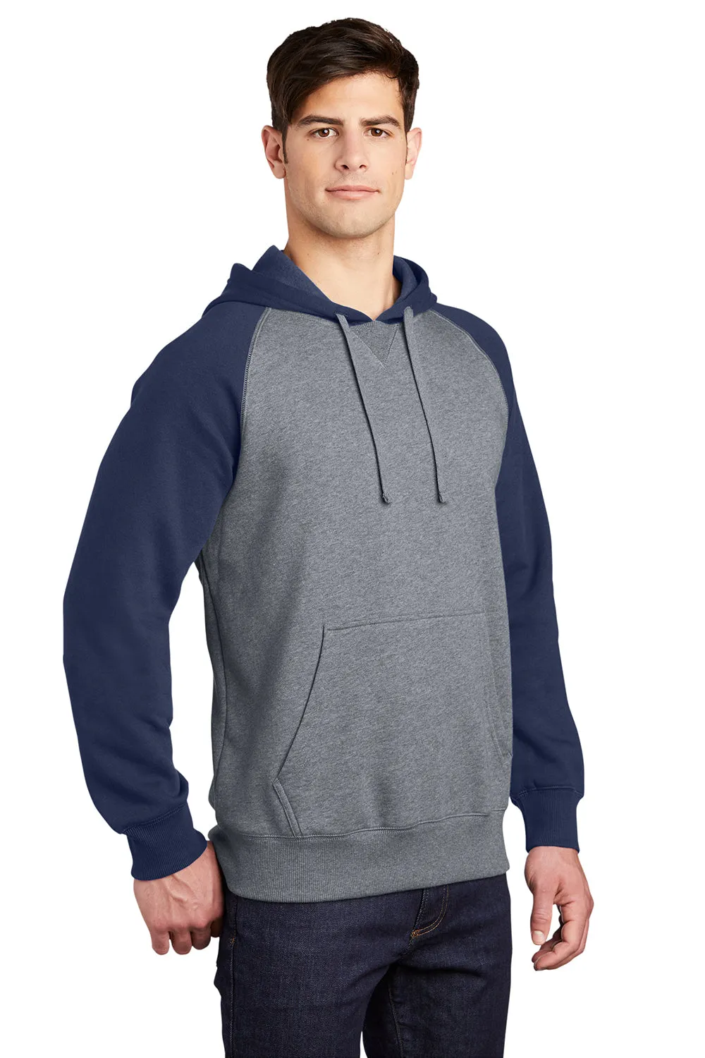Sport-Tek Mens Shrink Resistant Fleece Hooded Sweatshirt Hoodie w/ Pouch Pocket - Heather Vintage Grey/True Navy Blue Clothing Sport-Tek