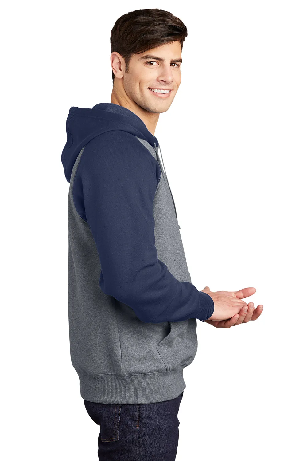 Sport-Tek Mens Shrink Resistant Fleece Hooded Sweatshirt Hoodie w/ Pouch Pocket - Heather Vintage Grey/True Navy Blue Clothing Sport-Tek