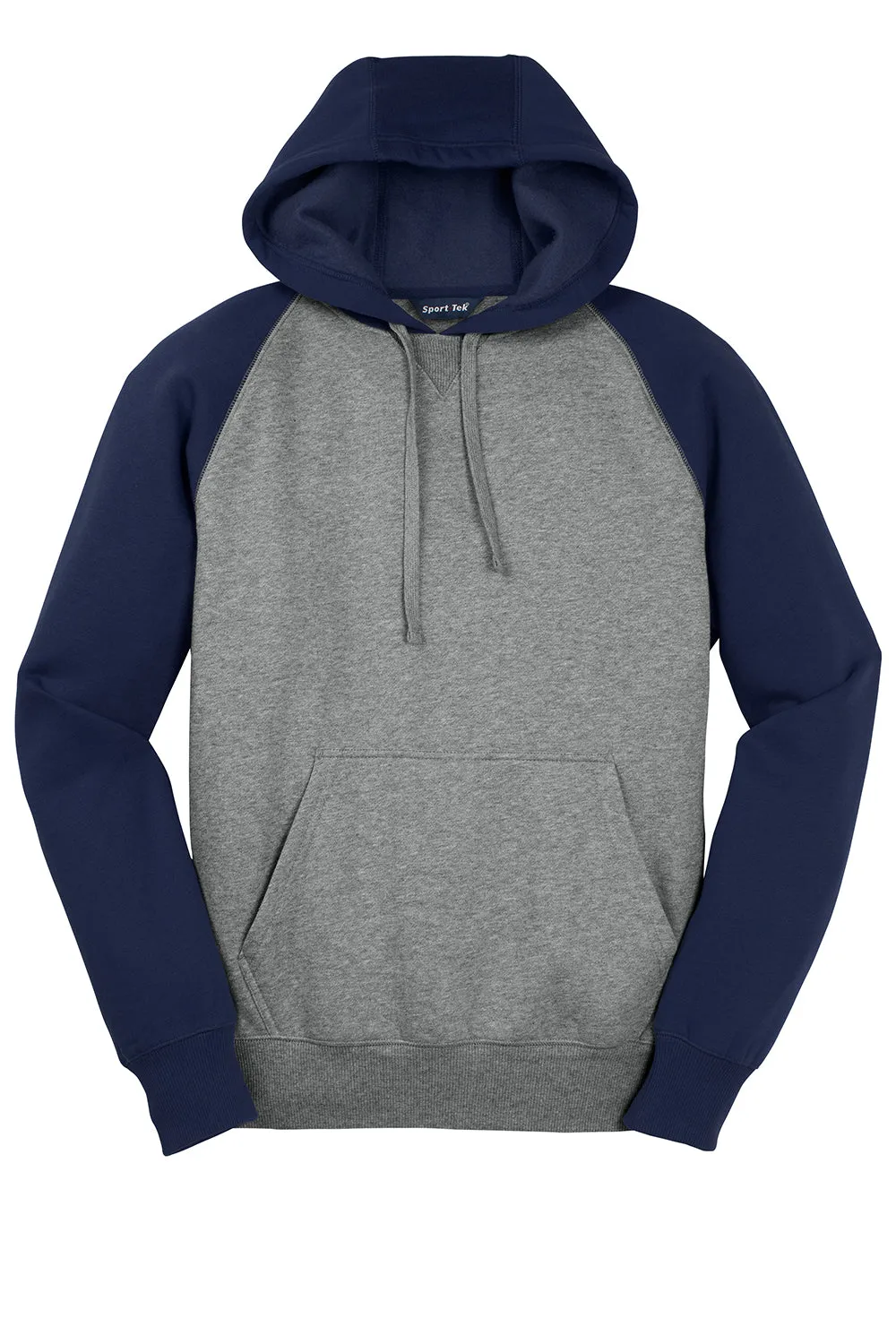Sport-Tek Mens Shrink Resistant Fleece Hooded Sweatshirt Hoodie w/ Pouch Pocket - Heather Vintage Grey/True Navy Blue Clothing Sport-Tek