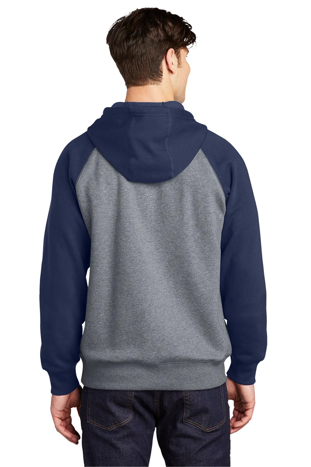 Sport-Tek Mens Shrink Resistant Fleece Hooded Sweatshirt Hoodie w/ Pouch Pocket - Heather Vintage Grey/True Navy Blue Clothing Sport-Tek