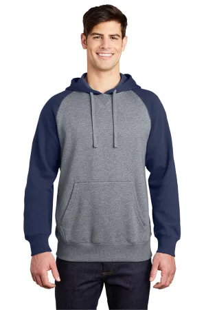 Sport-Tek Mens Shrink Resistant Fleece Hooded Sweatshirt Hoodie w/ Pouch Pocket - Heather Vintage Grey/True Navy Blue Clothing Sport-Tek