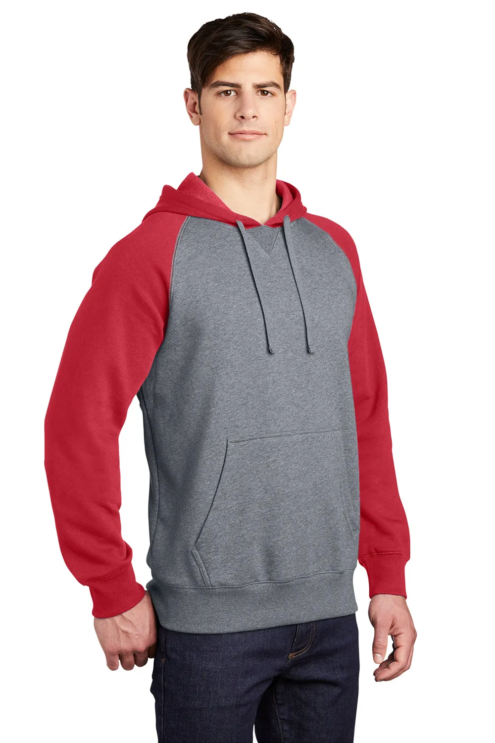 Sport-Tek Mens Shrink Resistant Fleece Hooded Sweatshirt Hoodie w/ Pouch Pocket - Heather Vintage Grey/True Red Clothing Sport-Tek