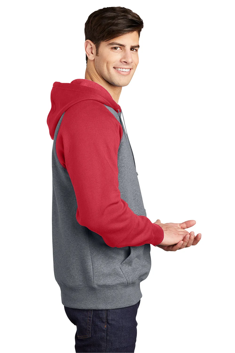 Sport-Tek Mens Shrink Resistant Fleece Hooded Sweatshirt Hoodie w/ Pouch Pocket - Heather Vintage Grey/True Red Clothing Sport-Tek
