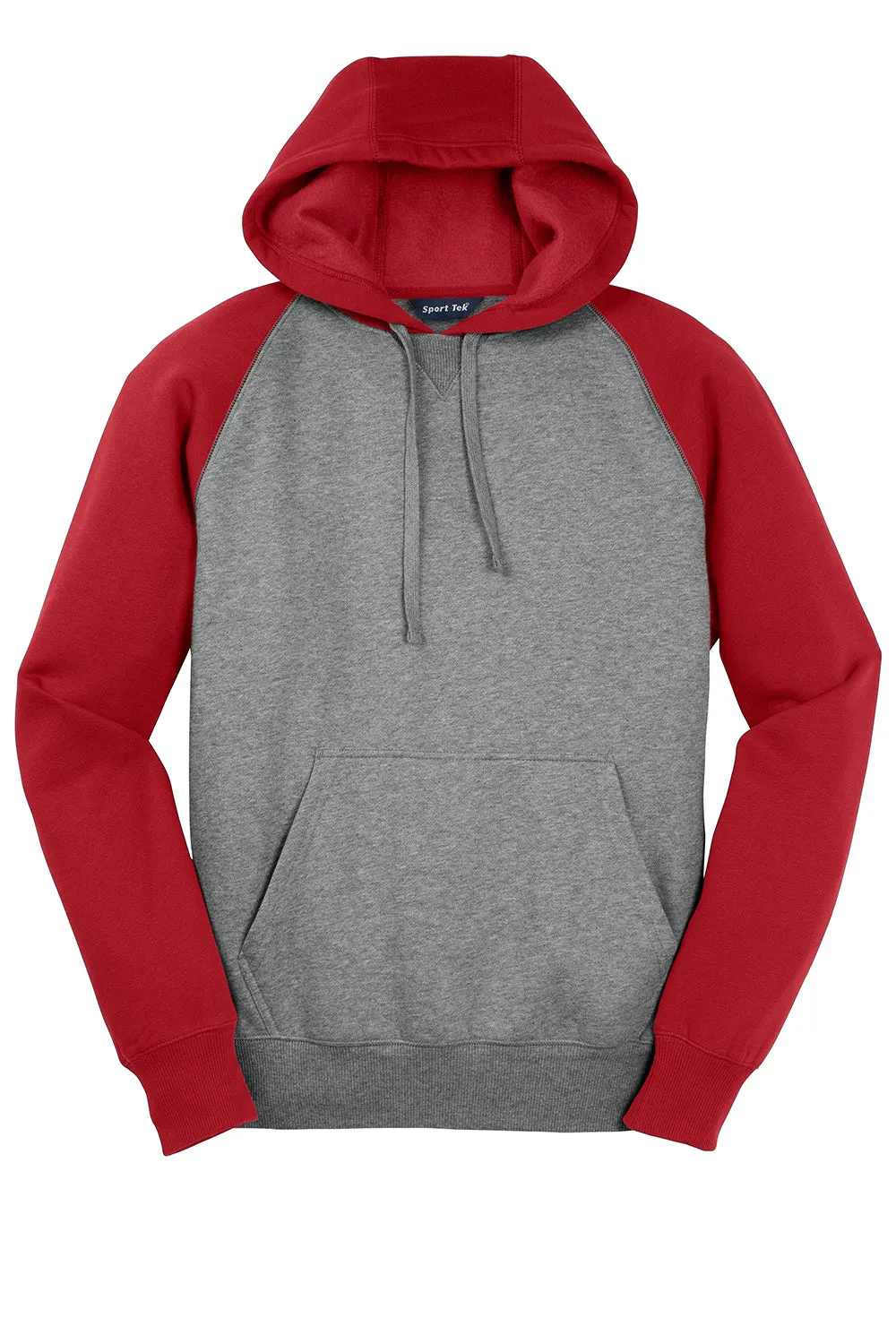Sport-Tek Mens Shrink Resistant Fleece Hooded Sweatshirt Hoodie w/ Pouch Pocket - Heather Vintage Grey/True Red Clothing Sport-Tek