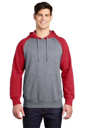 Sport-Tek Mens Shrink Resistant Fleece Hooded Sweatshirt Hoodie w/ Pouch Pocket - Heather Vintage Grey/True Red Clothing Sport-Tek