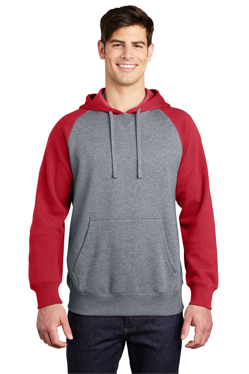Sport-Tek Mens Shrink Resistant Fleece Hooded Sweatshirt Hoodie w/ Pouch Pocket - Heather Vintage Grey/True Red Clothing Sport-Tek