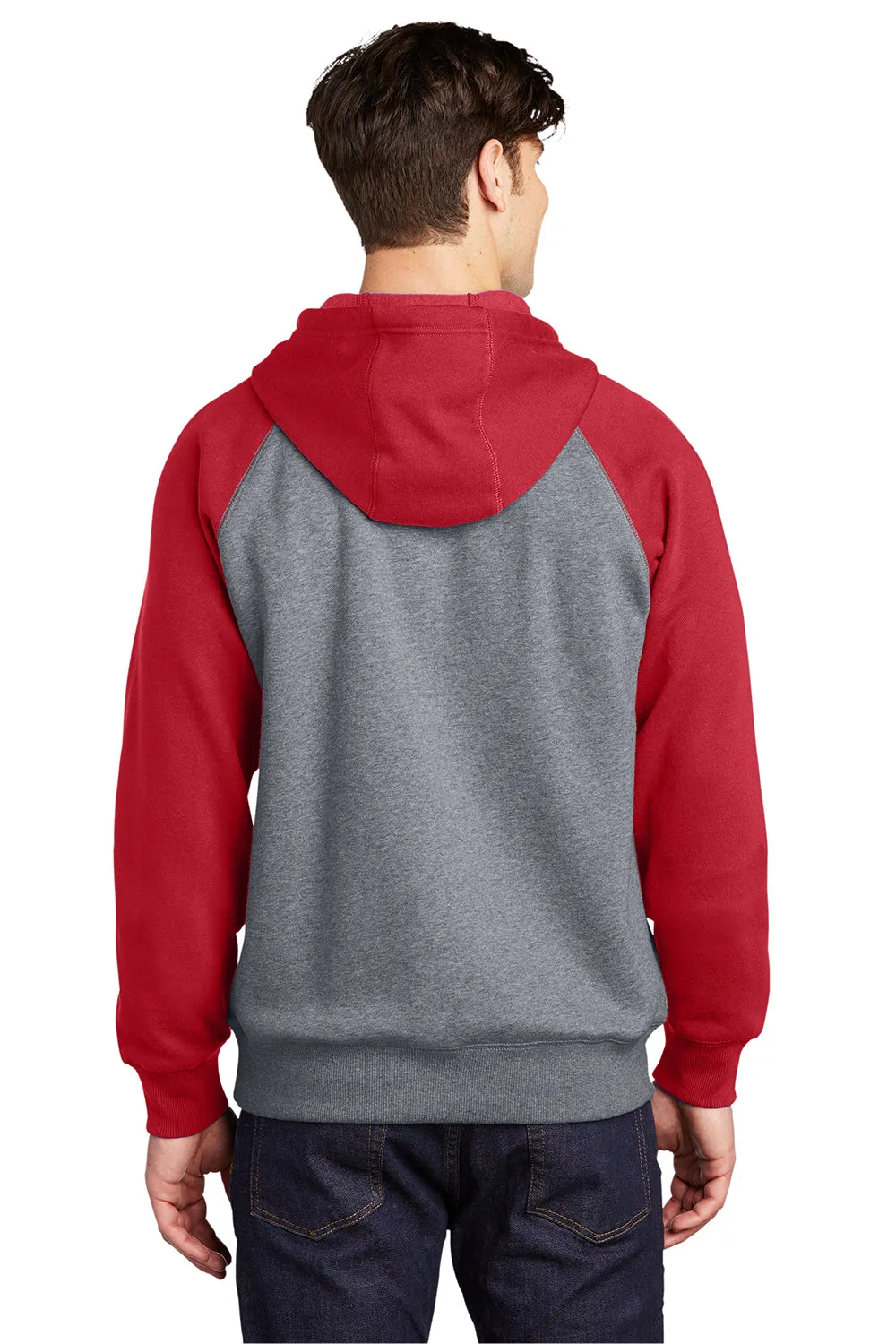 Sport-Tek Mens Shrink Resistant Fleece Hooded Sweatshirt Hoodie w/ Pouch Pocket - Heather Vintage Grey/True Red