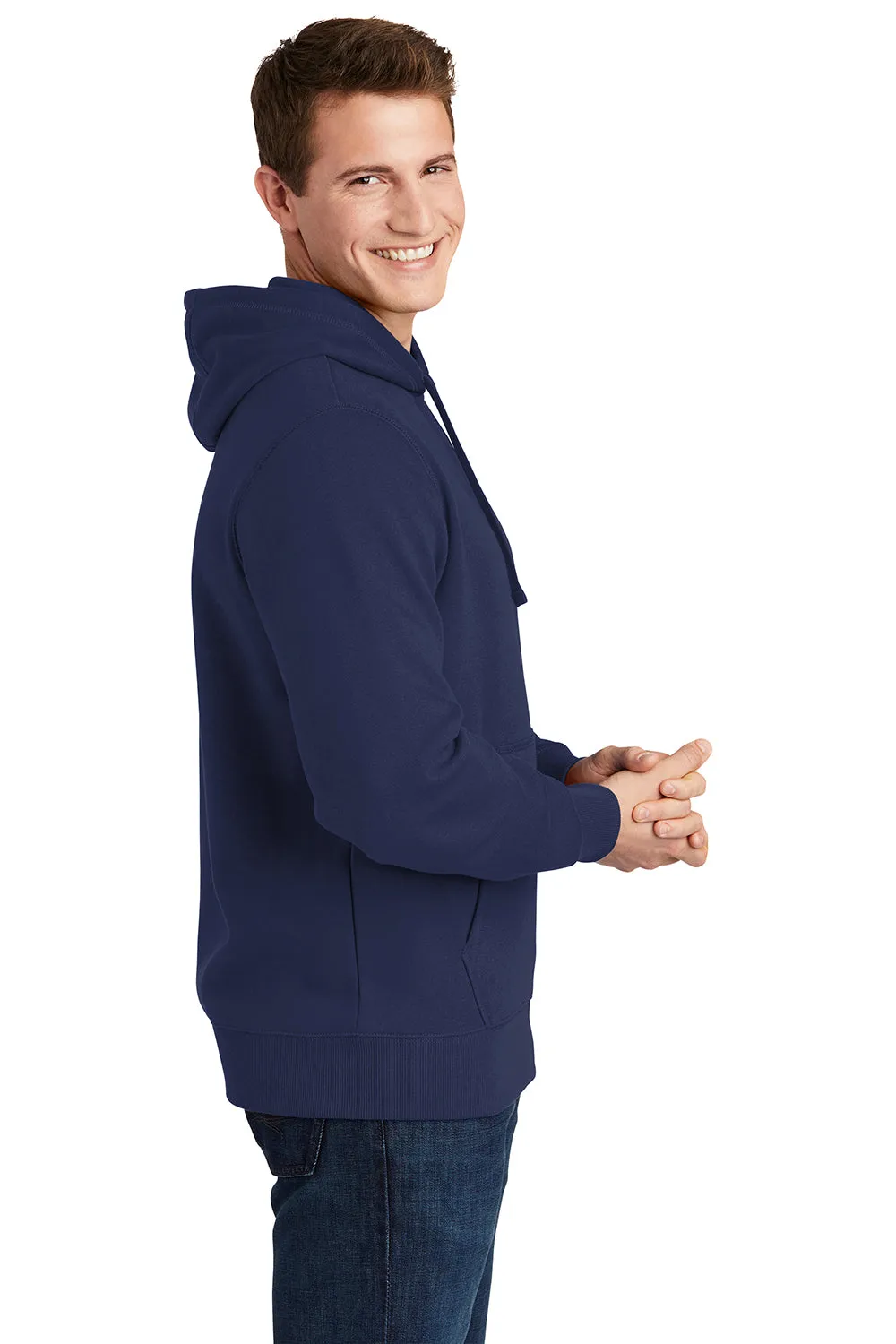 Sport-Tek Mens Shrink Resistant Fleece Hooded Sweatshirt Hoodie w/ Pouch Pocket - True Navy Blue