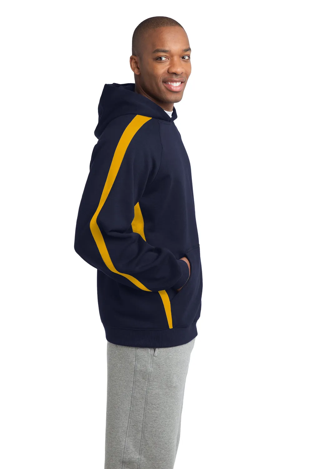 Sport-Tek Mens Shrink Resistant Fleece Hooded Sweatshirt Hoodie w/ Pouch Pocket - True Navy Blue/Gold - Closeout