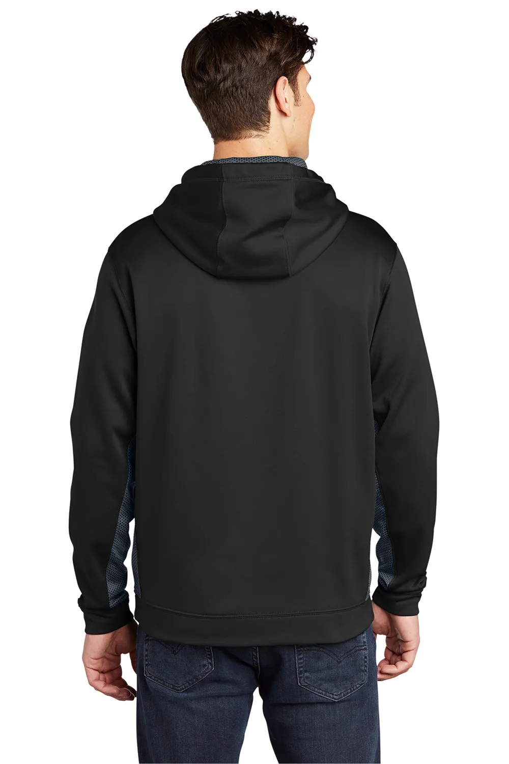Sport-Tek Mens Sport-Wick CamoHex Moisture Wicking Fleece Hooded Sweatshirt Hoodie w/ Pouch Pocket - Black/Dark Smoke Grey Clothing Sport-Tek