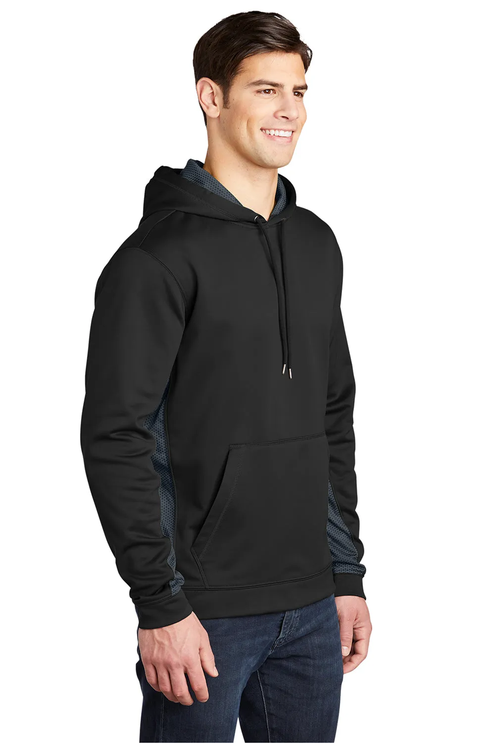 Sport-Tek Mens Sport-Wick CamoHex Moisture Wicking Fleece Hooded Sweatshirt Hoodie w/ Pouch Pocket - Black/Dark Smoke Grey Clothing Sport-Tek