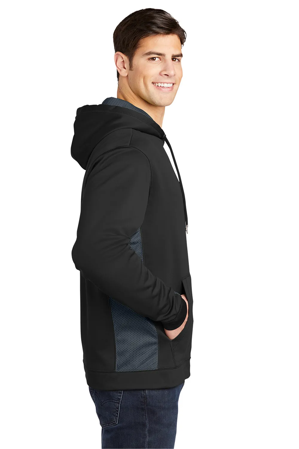 Sport-Tek Mens Sport-Wick CamoHex Moisture Wicking Fleece Hooded Sweatshirt Hoodie w/ Pouch Pocket - Black/Dark Smoke Grey Clothing Sport-Tek