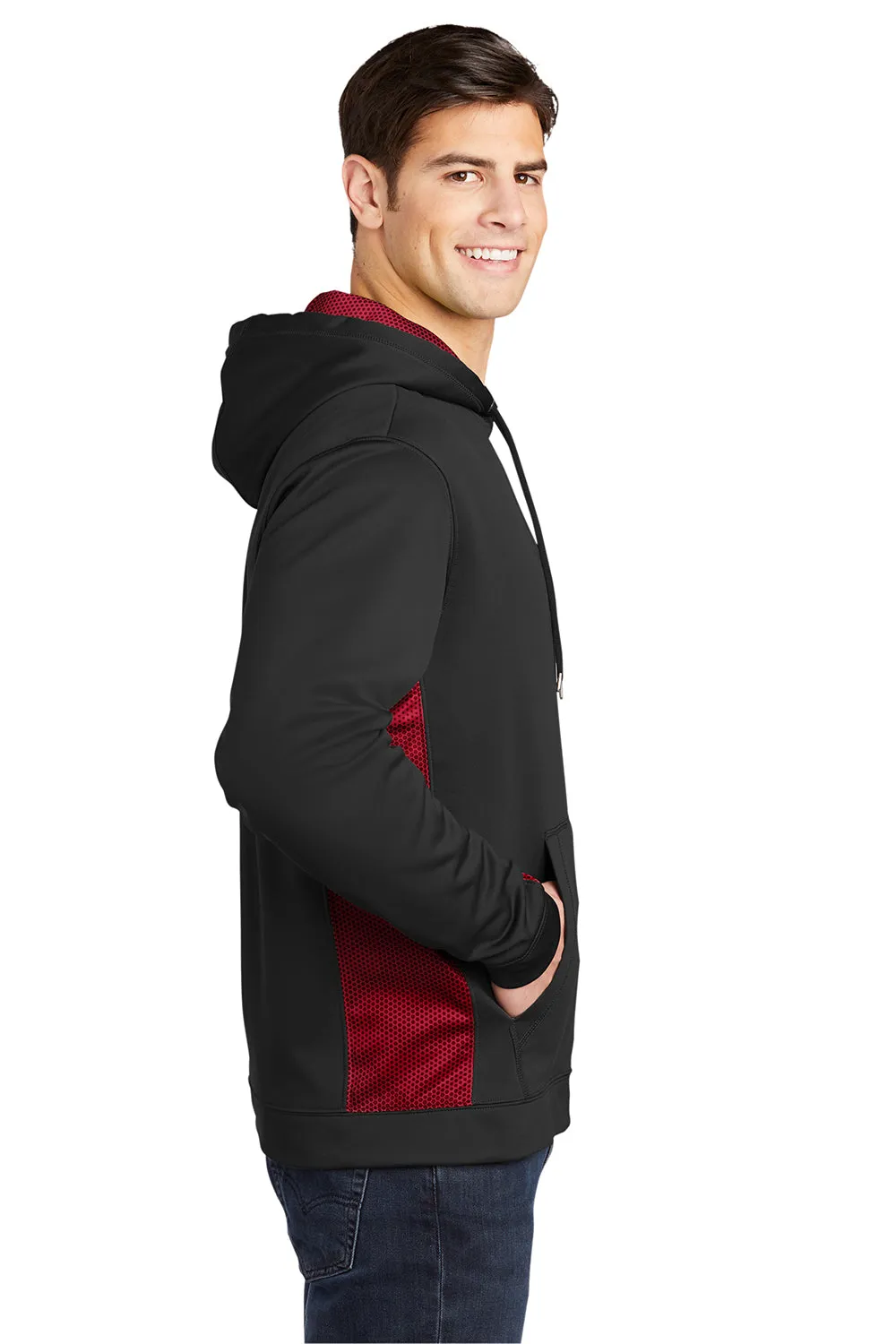 Sport-Tek Mens Sport-Wick CamoHex Moisture Wicking Fleece Hooded Sweatshirt Hoodie w/ Pouch Pocket - Black/Deep Red Clothing Sport-Tek