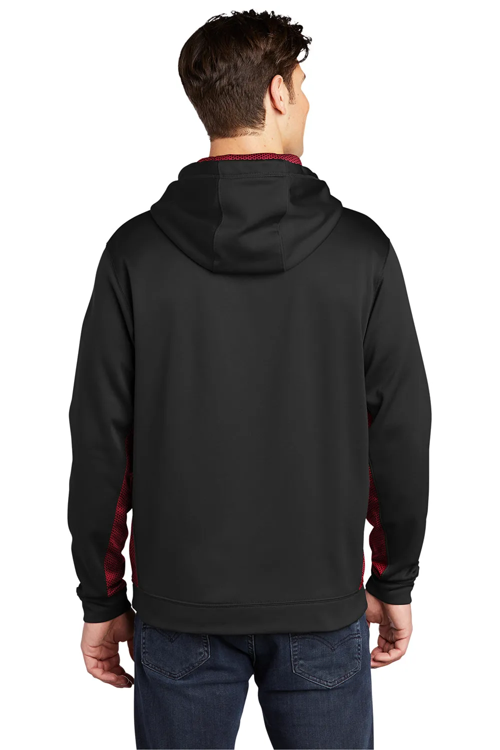 Sport-Tek Mens Sport-Wick CamoHex Moisture Wicking Fleece Hooded Sweatshirt Hoodie w/ Pouch Pocket - Black/Deep Red Clothing Sport-Tek