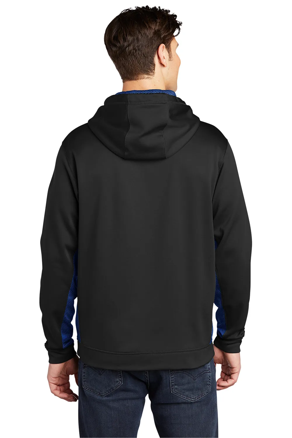 Sport-Tek Mens Sport-Wick CamoHex Moisture Wicking Fleece Hooded Sweatshirt Hoodie w/ Pouch Pocket - Black/True Royal Blue Clothing Sport-Tek